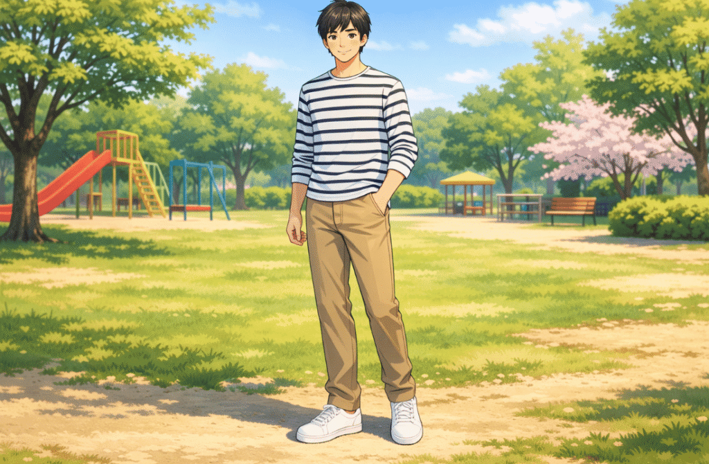 ボーダートップス×チノパンの公園カジュアルコーデ